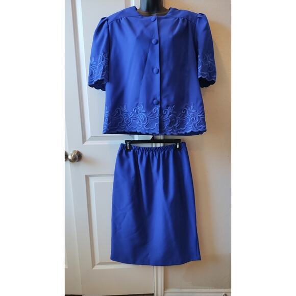 Vintage 80s -90s royal blue blouse and skirt set size 16 - Picture 1 of 16
